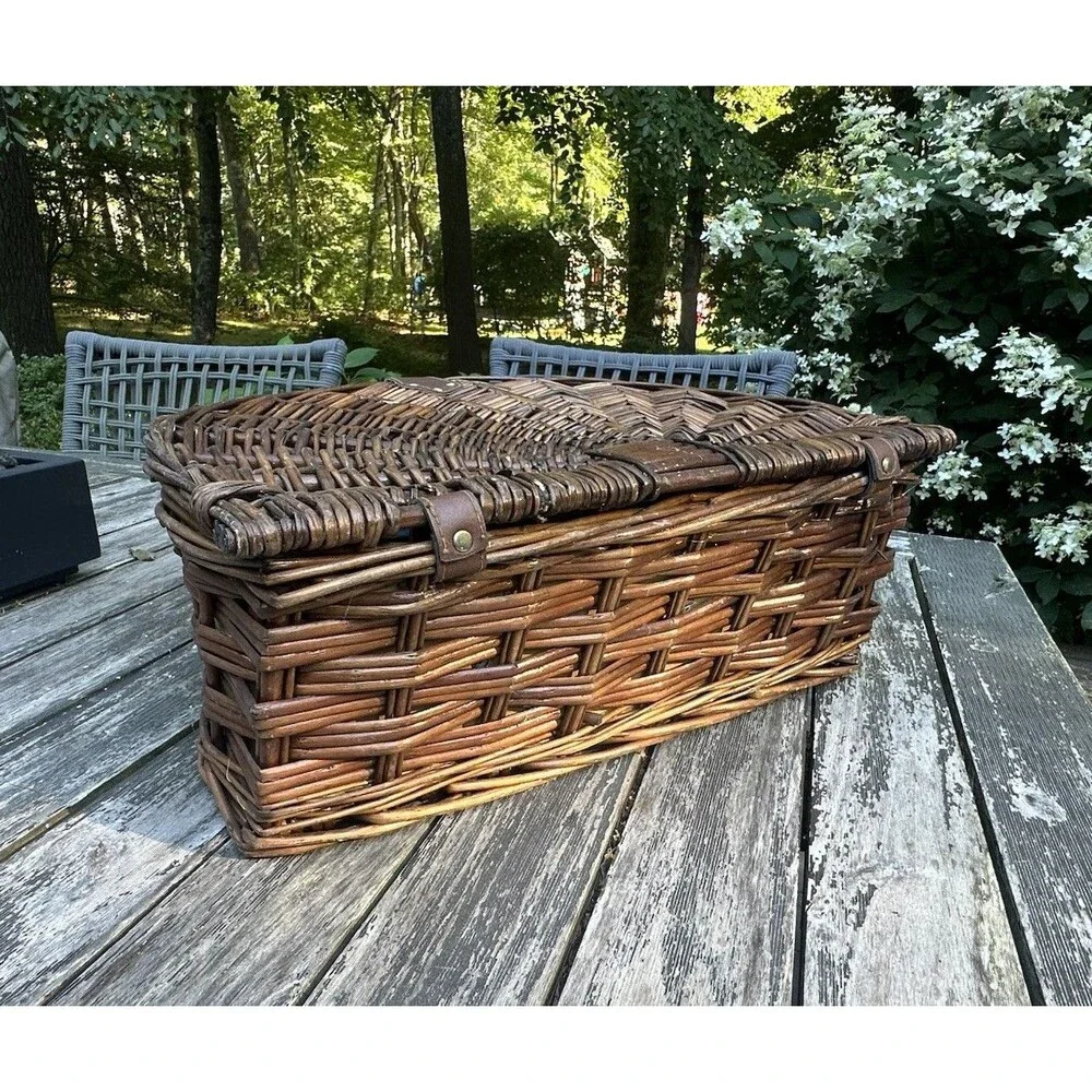 Vintage Brown Wicker Half Moon Picnic Basket Plaid Lined w Blue Dinnerware New